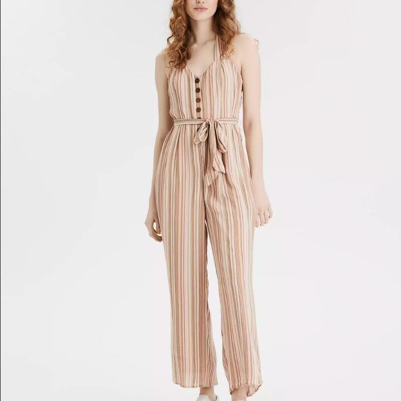 American Eagle Outfitters Pants - American Eagle Striped Tie Front Halter Jumpsuit button detail wide leg
